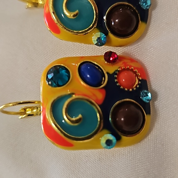 Retro 1980s Enamel & Rhinestone Handmade Earrings - Picture 2 of 4